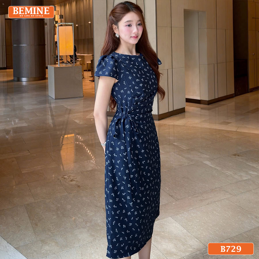Đầm thiết kế BEMINE cổ tròn nhún eo có dây nơ dáng chữ A B729 - váy chữ a cho người béo bụng