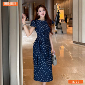 Đầm thiết kế BEMINE cổ tròn nhún eo có dây nơ dáng chữ A B729 - tặng quà cho mẹ