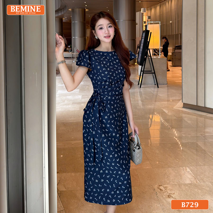 Đầm thiết kế BEMINE cổ tròn nhún eo có dây nơ dáng chữ A B729 - tặng quà cho mẹ