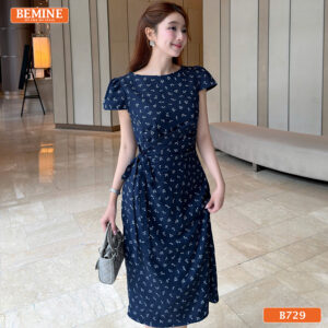 Đầm thiết kế BEMINE cổ tròn nhún eo có dây nơ dáng chữ A B729 - váy liền thân chữ a cho người béo