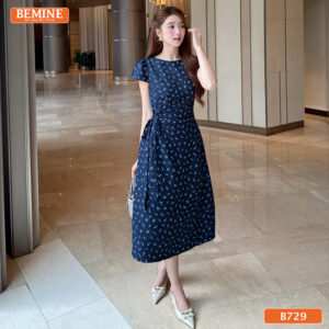 Đầm thiết kế BEMINE cổ tròn nhún eo có dây nơ dáng chữ A B729 - váy cho người béo bụng lùn
