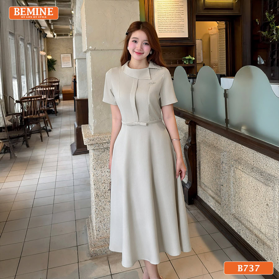 Đầm thiết kế BEMINE cổ lệch dáng dài B737 - đầm ren