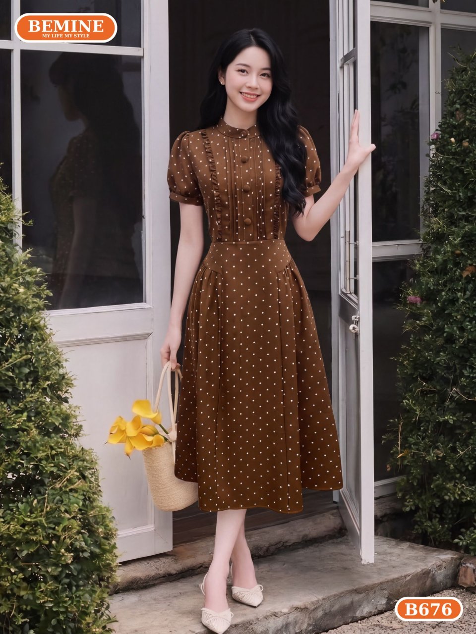 đầm thiết kế cổ trụ họa tiết chấm bi dáng chữ A B676