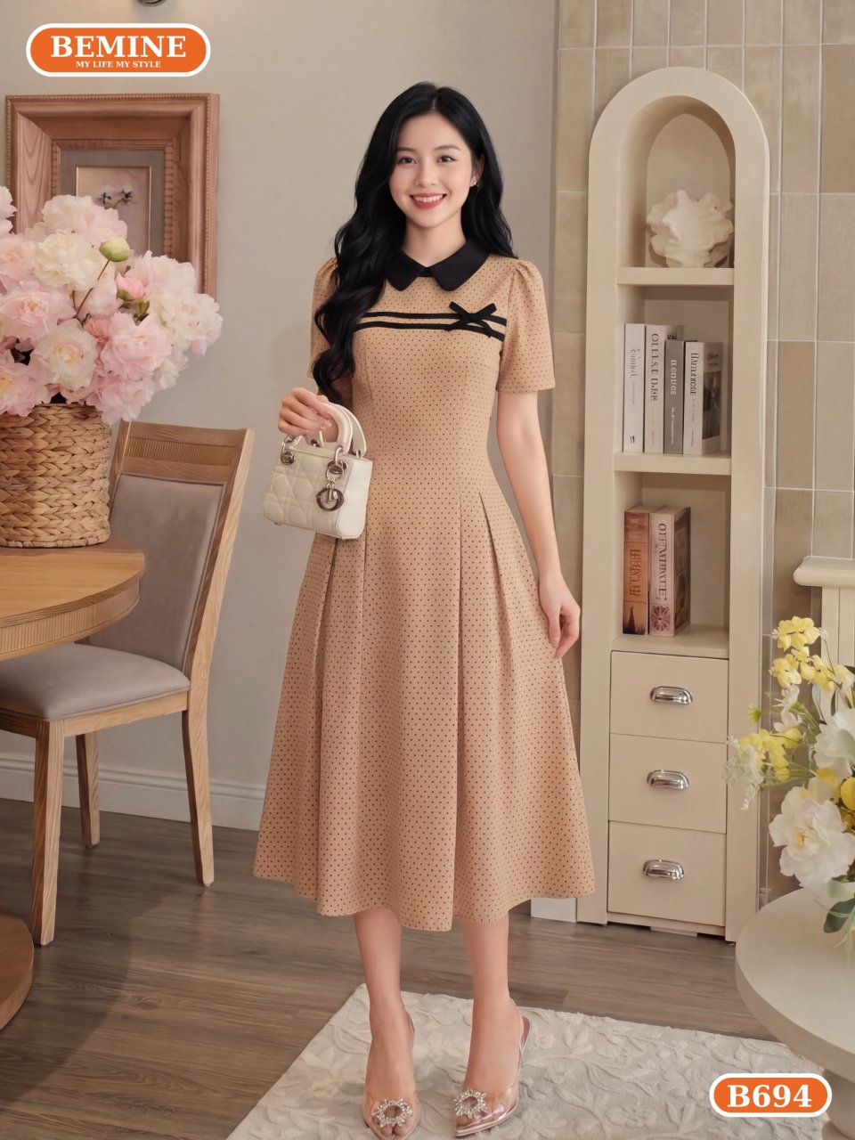 đầm thiết kế cổ sen viền nơ dáng chữ A B694