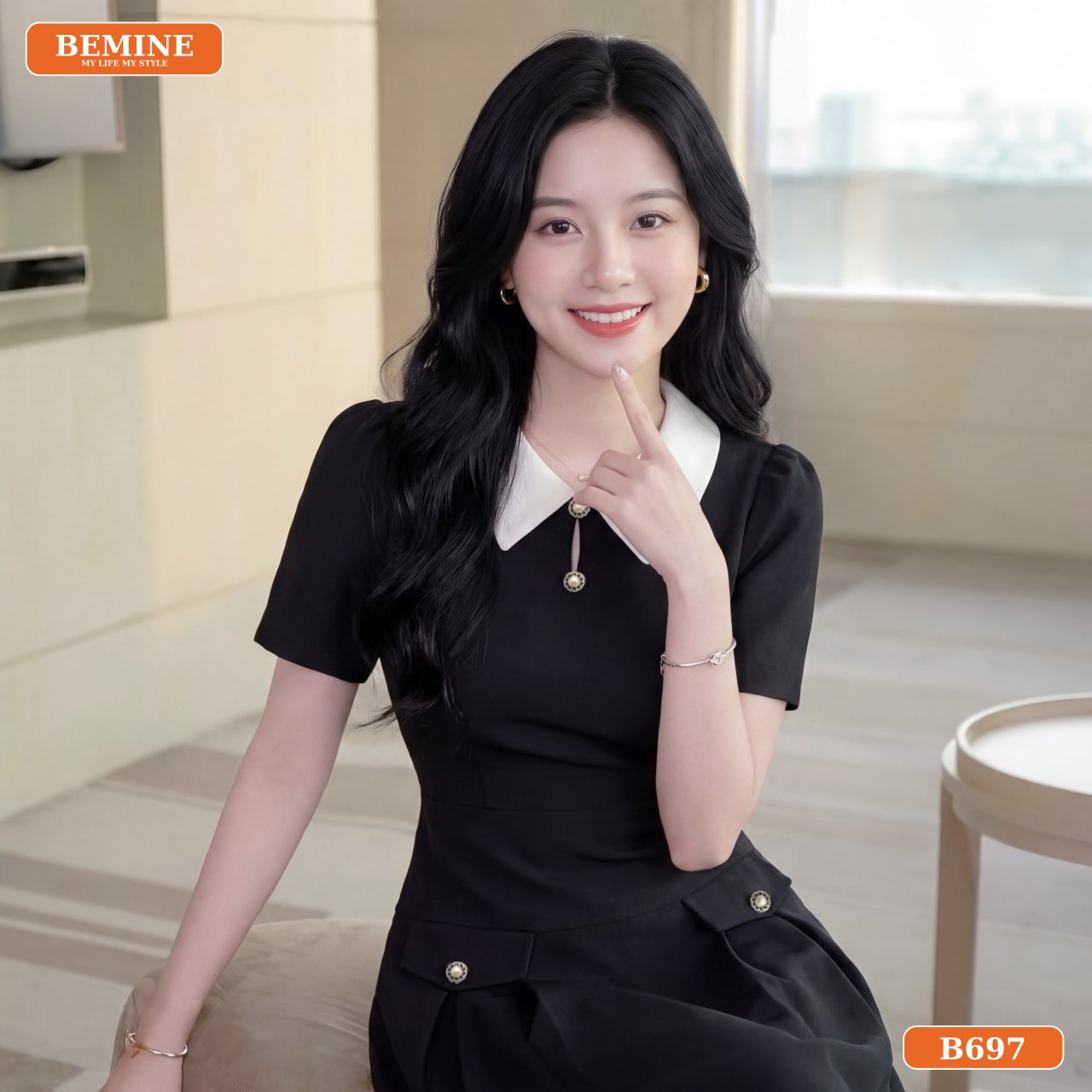 Chất liệu vải tuyết mưa đứng phom của đầm BEMINE B697