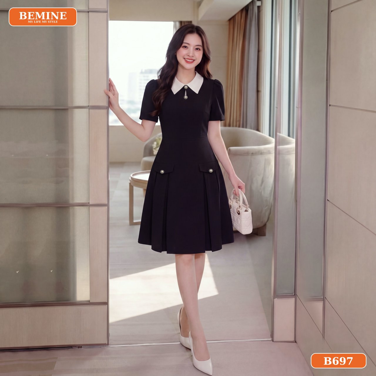 Chi tiết phần cổ đức và hàng cúc trang trí đầm thiết kế BEMINE B697