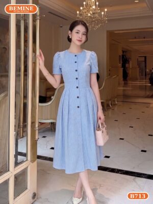 Đầm thiết kế BEMINE cổ tròn đính cúc họa tiết caro dáng chữ A B713 hình ảnh