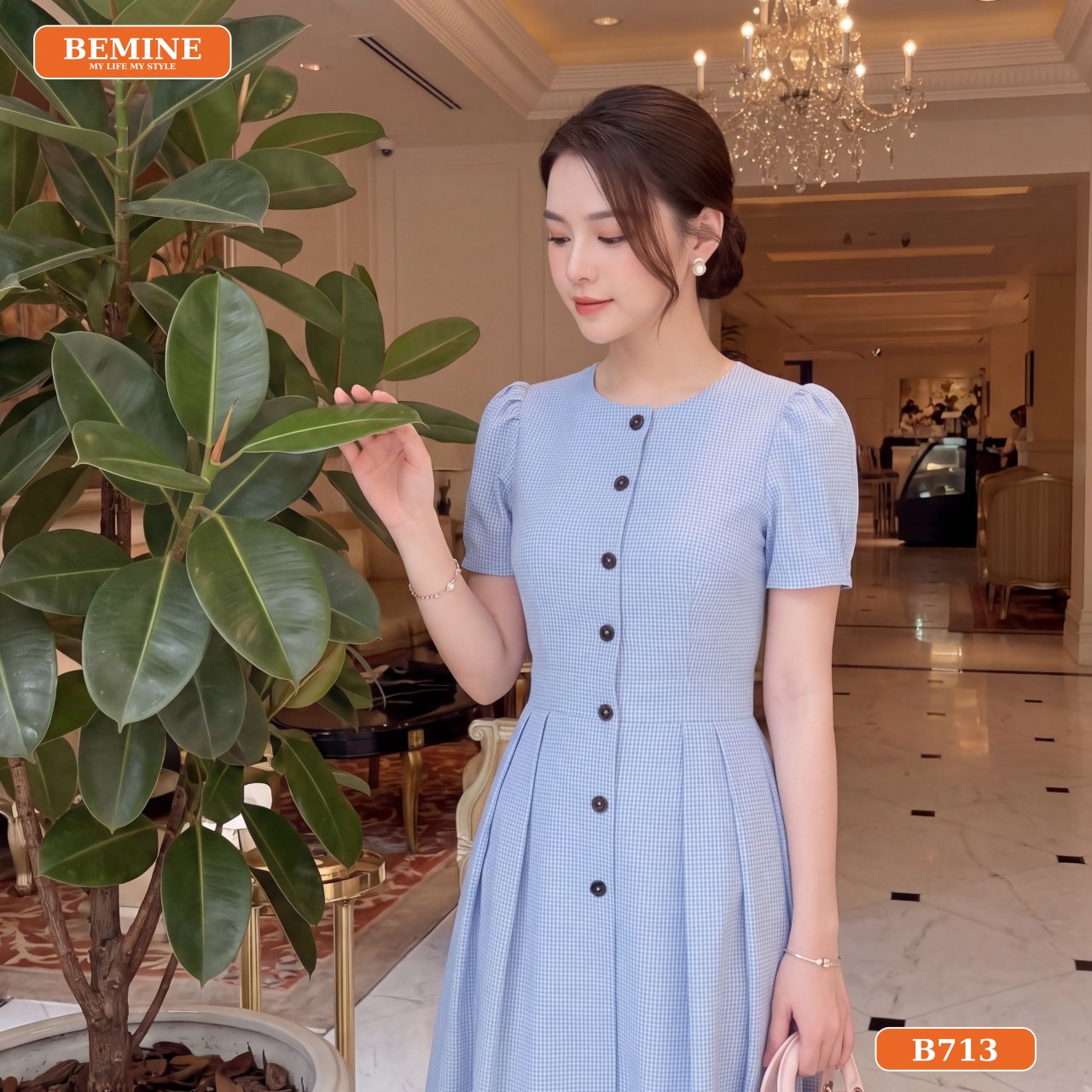 Đầm caro dáng chữ A BEMINE B713 tiện dụng với túi sườn
