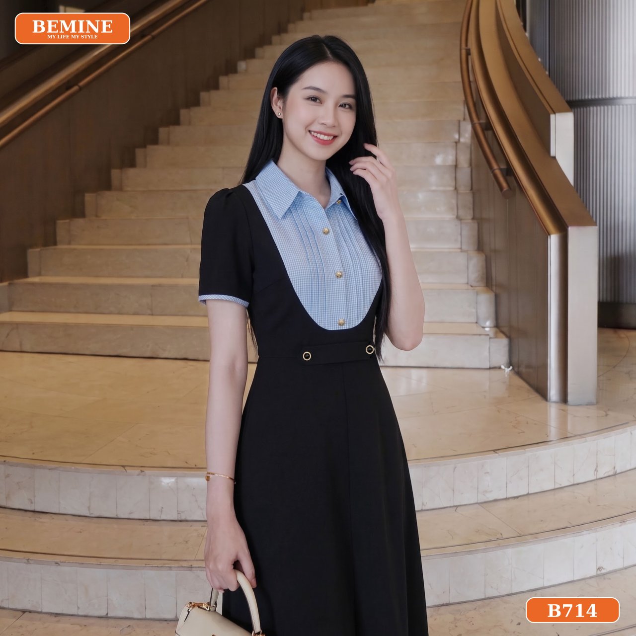 Gợi ý phối đồ chuyên nghiệp với đầm sơ mi chữ A BEMINE B714