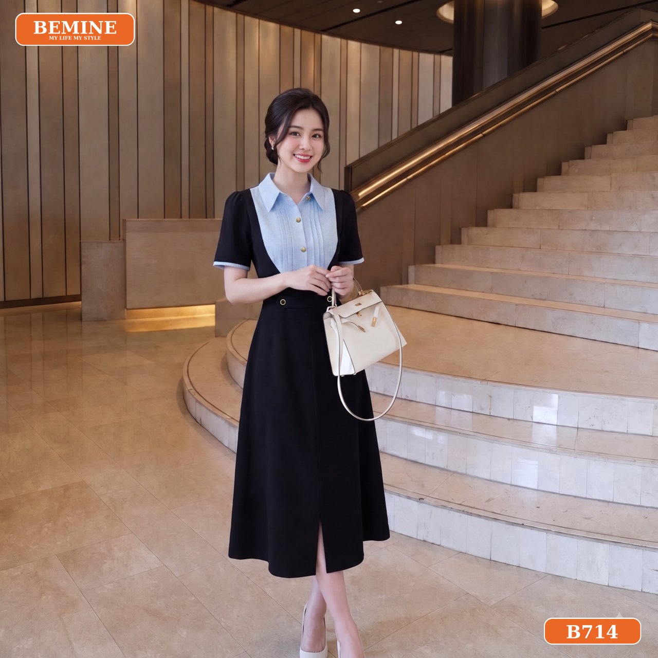 Người mẫu mặc đầm công sở BEMINE B714 thoải mái khi di chuyển