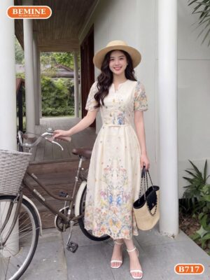 Đầm thiết kế BEMINE cổ tròn thêu hoa dáng dài B717 hình ảnh