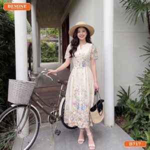 Đầm thiết kế BEMINE cổ tròn thêu hoa dáng dài B717 - đầm đuôi cá