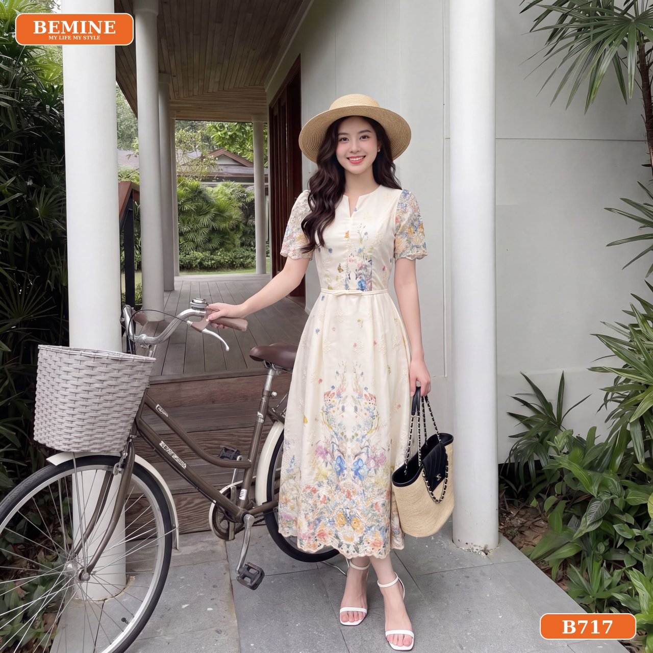 Cách phối đồ với đầm thêu hoa dáng dài BEMINE cổ tròn