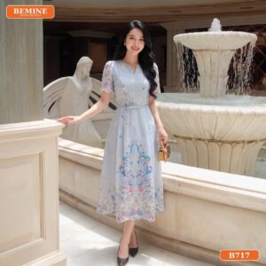 Đầm thiết kế BEMINE cổ tròn thêu hoa dáng dài B717 - váy đuôi cá