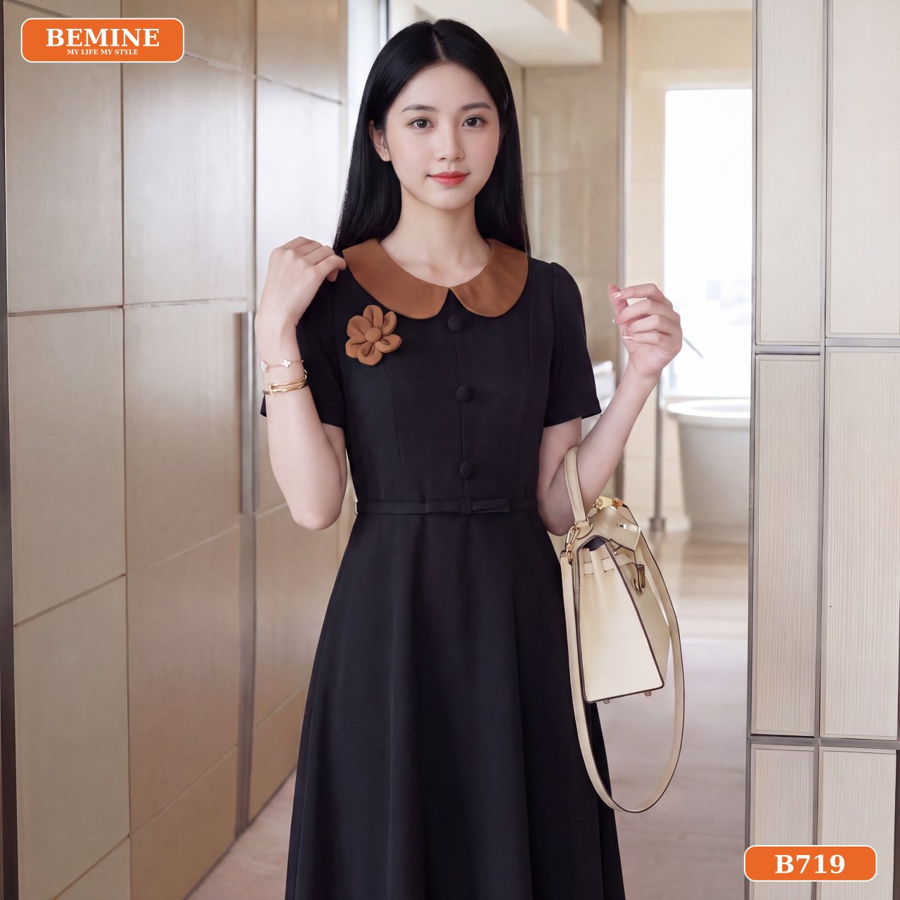Phối đồ với đầm thiết kế cổ sen BEMINE B719 cho nàng công sở