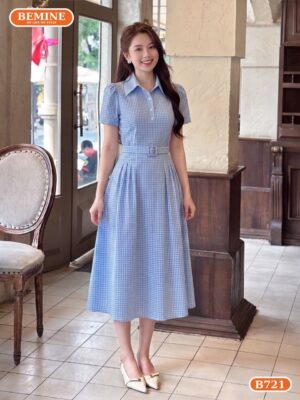Đầm thiết kế BEMINE cổ sơ mi phối caro dáng chữ A B721 hình ảnh