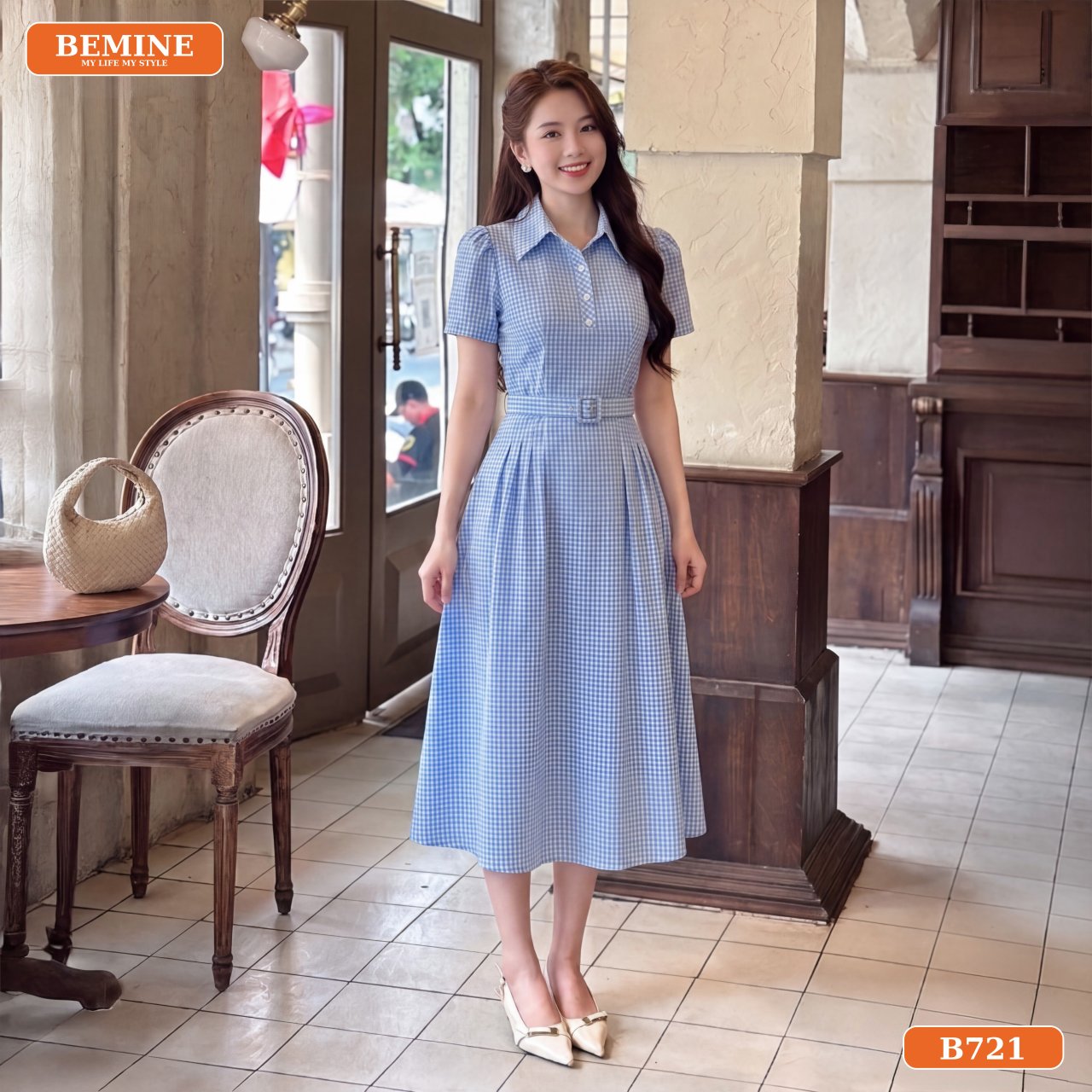 Phối đồ đầm caro công sở cổ sơ mi BEMINE