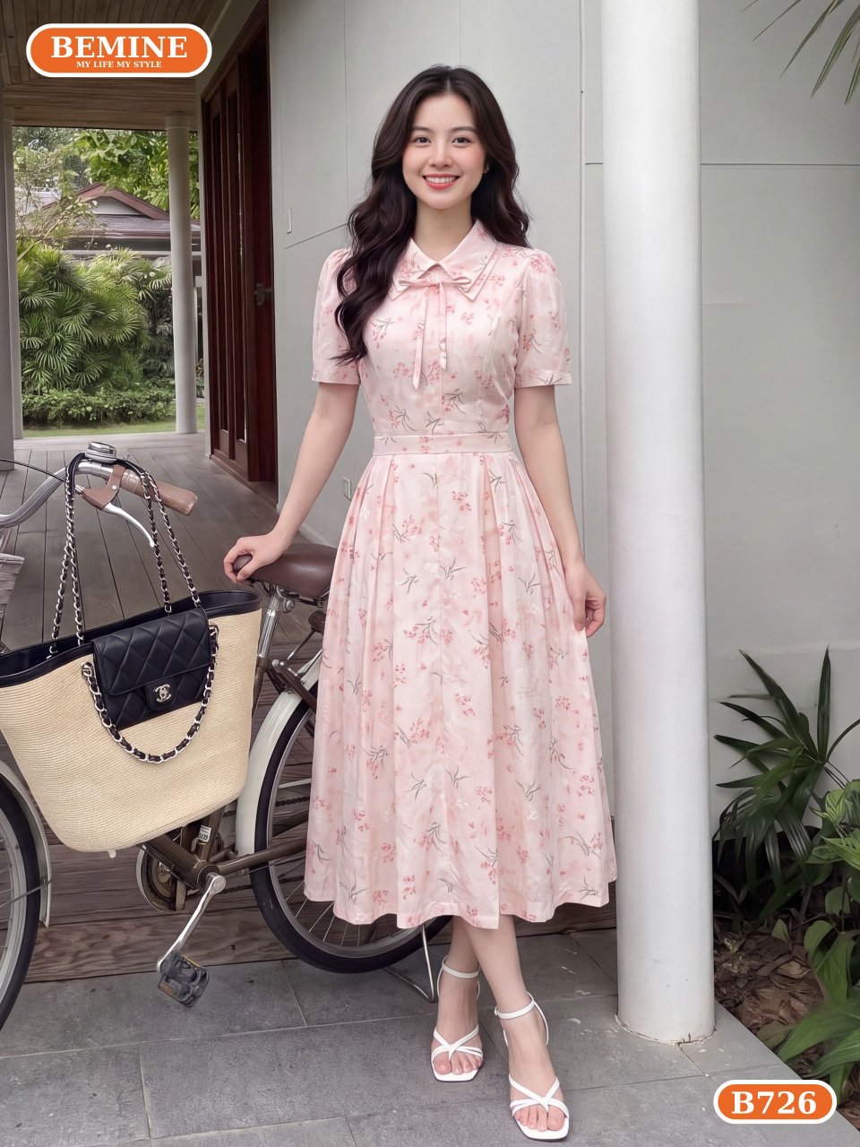 đầm thiết kế cổ đức 2 lớp họa tiết in hoa dáng chữ A B726