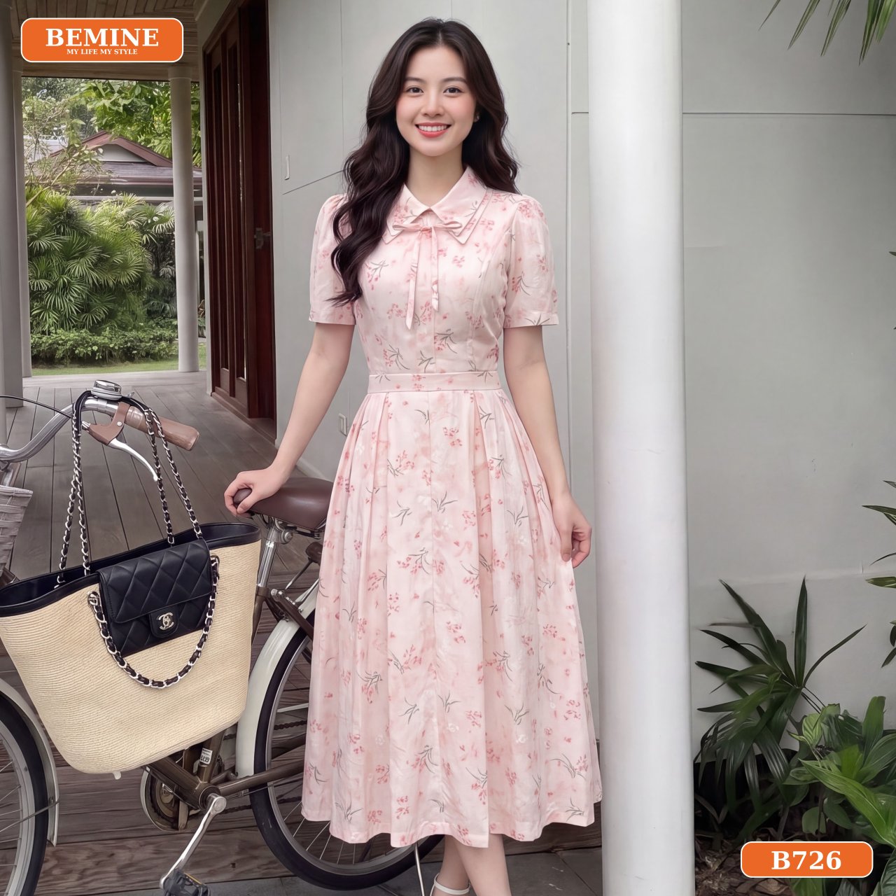 Phối đồ cùng đầm công sở họa tiết in hoa BEMINE B726
