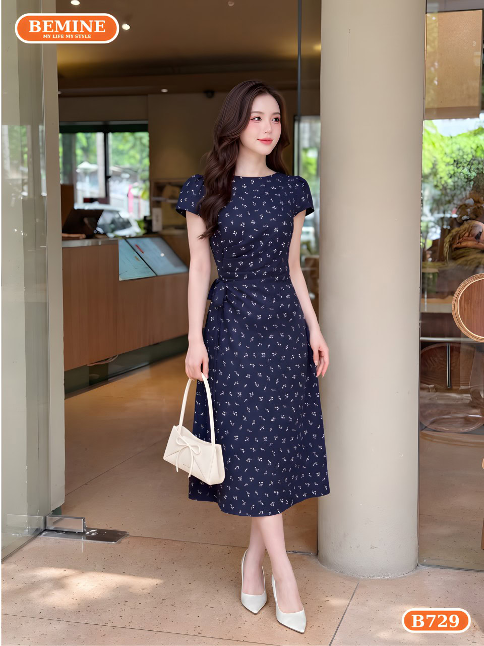 đầm thiết kế cổ tròn nhún eo có dây nơ dáng chữ A B729