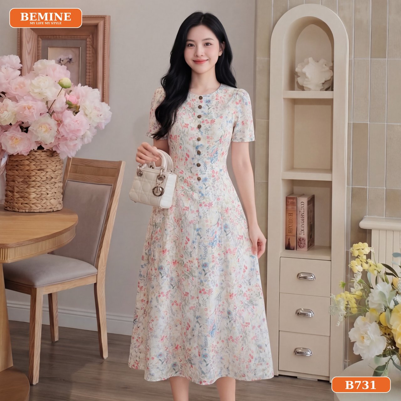 Gợi ý phối đồ với đầm thiết kế BEMINE cổ tròn họa tiết hoa thêu dáng chữ A B731
