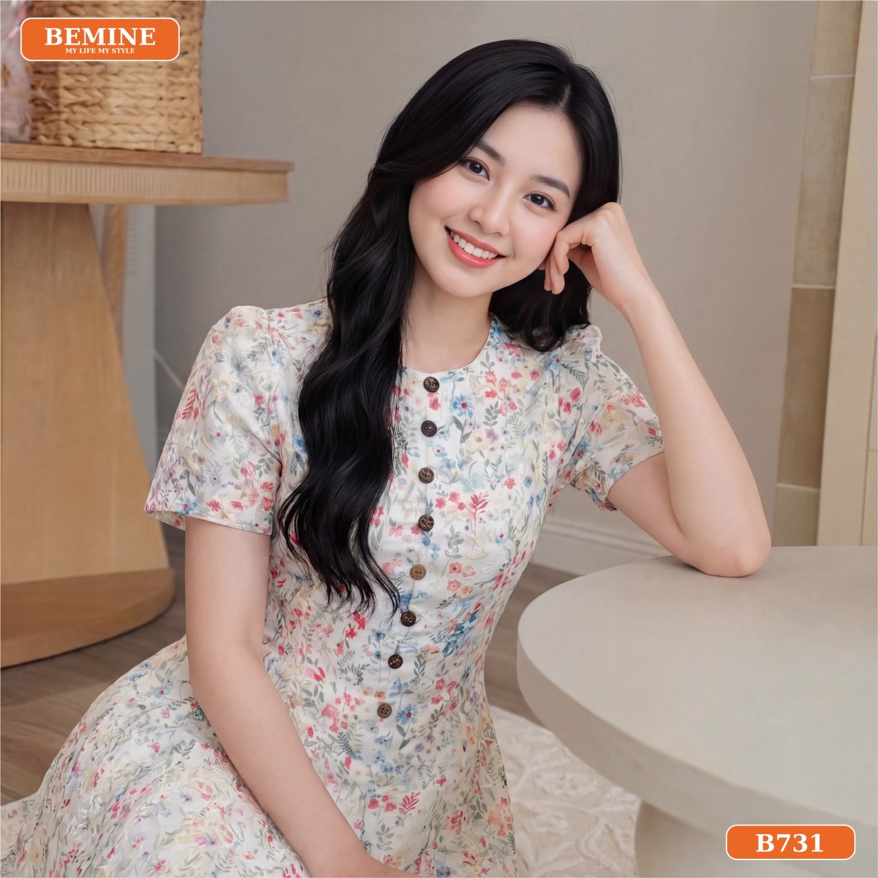 Điểm nổi bật của đầm thiết kế BEMINE cổ tròn họa tiết hoa thêu dáng chữ A B731