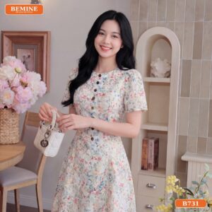 Đầm thiết kế BEMINE cổ tròn họa tiết hoa thô thêu dáng chữ A phù hợp đi chơi-B731 - trang phục công sở nữ