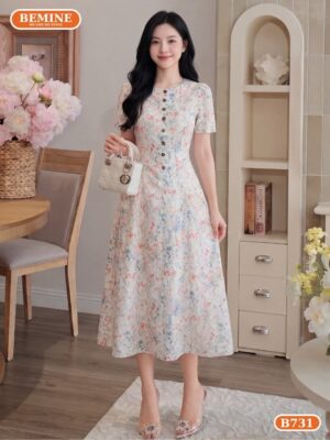 Đầm thiết kế BEMINE cổ tròn họa tiết hoa thô thêu dáng chữ A phù hợp đi chơi-B731 - những mẫu áo nữ hot nhất hiện nay
