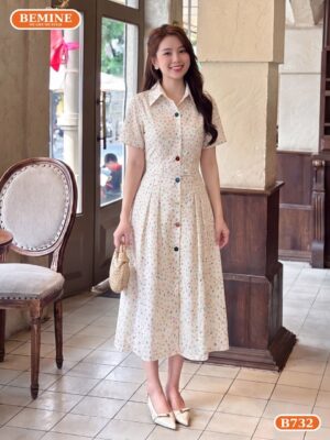 Đầm thiết kế BEMINE cổ sơ mi họa tiết thô thêu hoa dáng chữ A B732 hình ảnh