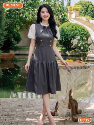 Đầm thiết kế BEMINE cổ trụ phối viền bèo dáng chữ A B735 hình ảnh