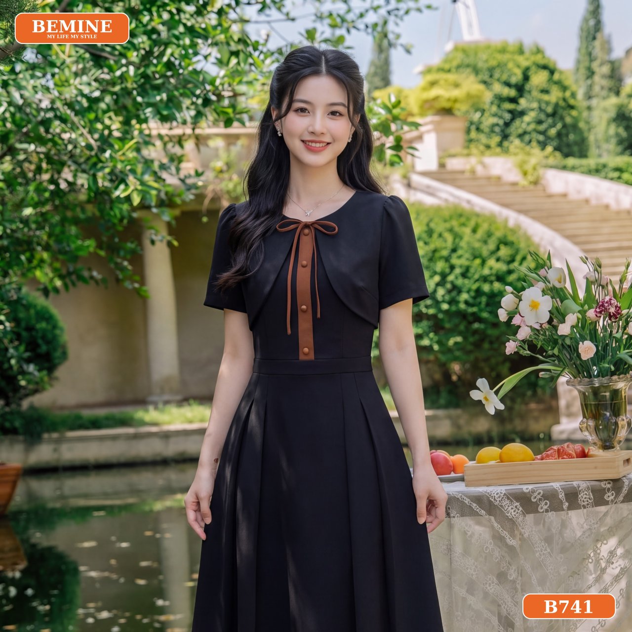 Cận cảnh chất liệu COTTON THÁI cao cấp của đầm thiết kế BEMINE cổ tròn vạt ngoài dáng chữ A B741