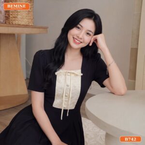 Đầm thiết kế BEMINE cổ vuông phối nơ dáng dài phù hợp đi chơi-B742 - mẫu đầm trung niên đẹp nhất hiện nay