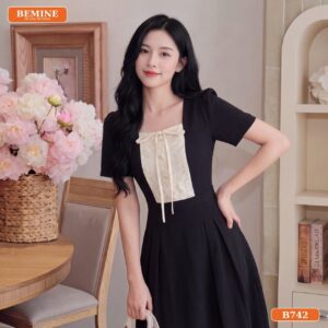 Đầm thiết kế BEMINE cổ vuông phối nơ dáng dài phù hợp đi chơi-B742 - đầm ren
