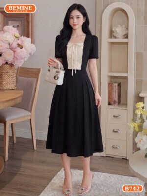 Đầm thiết kế BEMINE cổ vuông phối nơ dáng dài phù hợp đi chơi-B742 - váy cho người béo bụng lùn