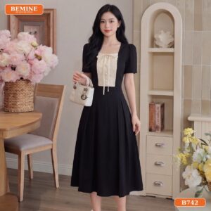 Đầm thiết kế BEMINE cổ vuông phối nơ dáng dài phù hợp đi chơi-B742 - váy liền thân chữ a cho người béo