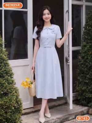 Đầm thiết kế BEMINE cổ sen dáng dài họa tiết sọc B745 hình ảnh