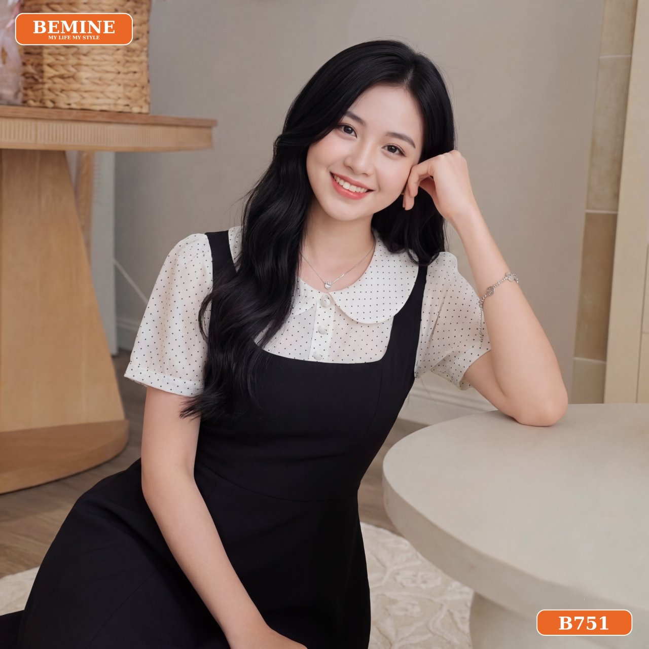 Điểm nổi bật của Đầm thiết kế BEMINE cổ sen phối bi dáng chữ A B751