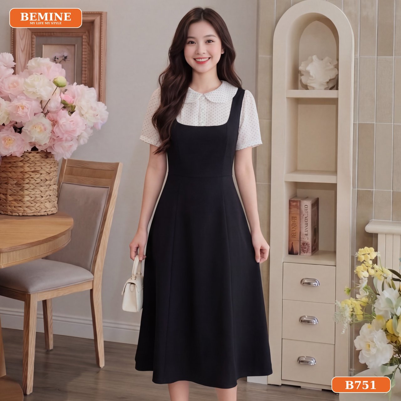 Gợi ý phối đồ công sở với Đầm thiết kế BEMINE cổ sen phối bi dáng chữ A B751