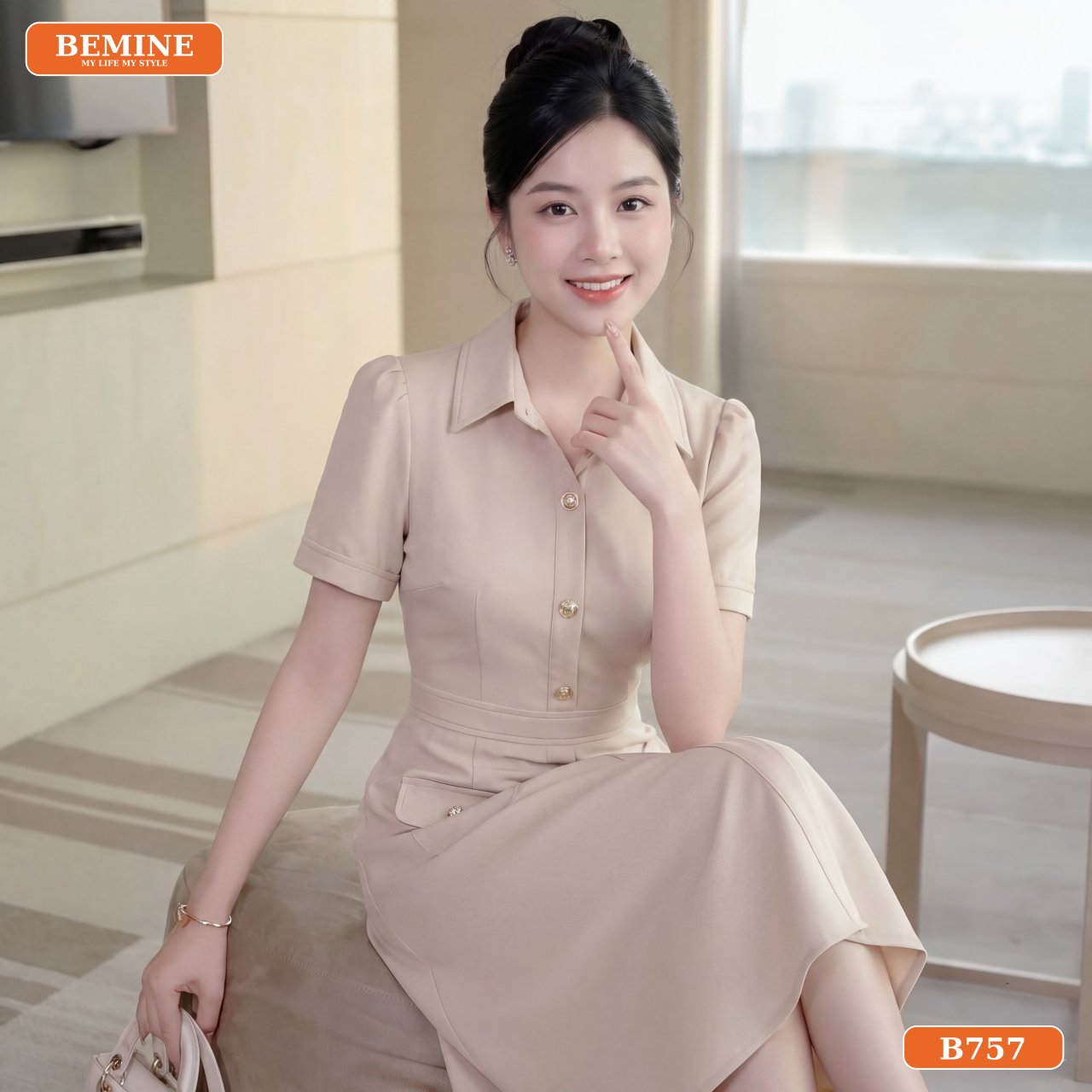 Gợi ý phối đồ với đầm cổ sơ mi dáng chữ A B757