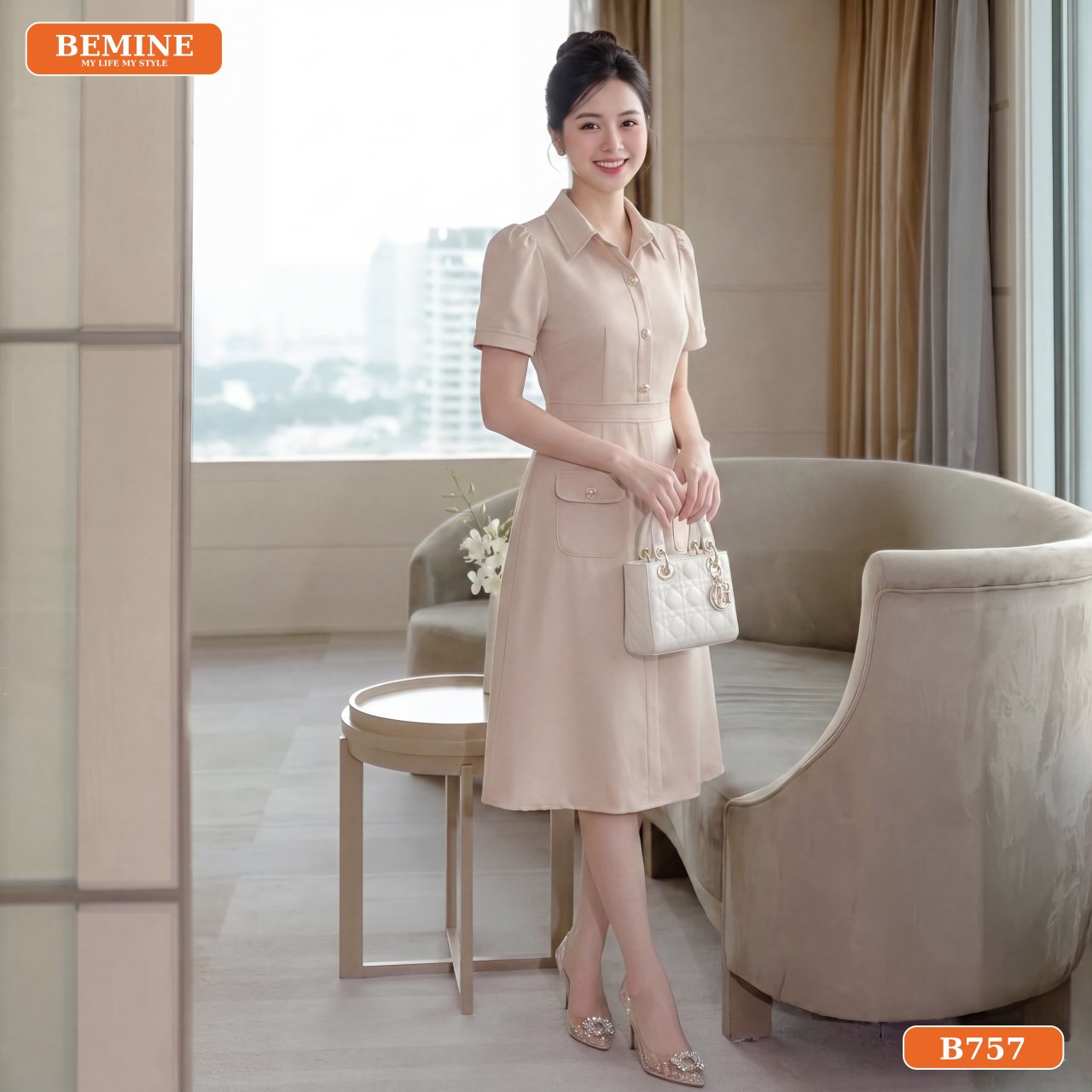 Cận cảnh chi tiết cổ sơ mi chạy viền đầm B757 BEMINE
