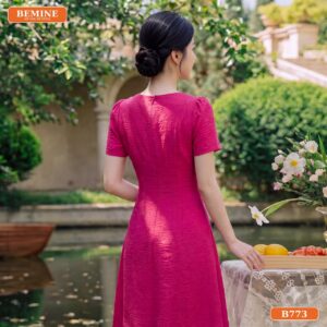 Đầm thiết kế BEMINE cổ tròn xẻ v đính cúc dáng chữ A B773 - váy chữ a cho người béo bụng