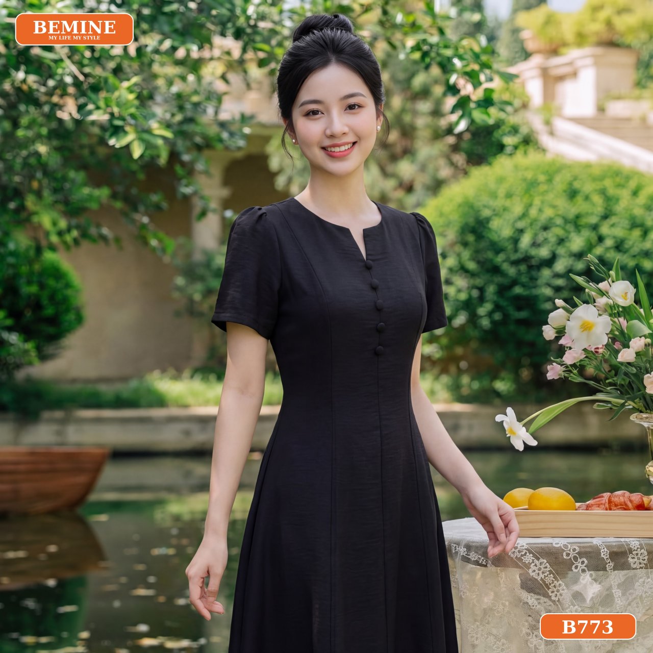 Phối đồ đầm công sở chữ A B773 cùng phụ kiện tối giản