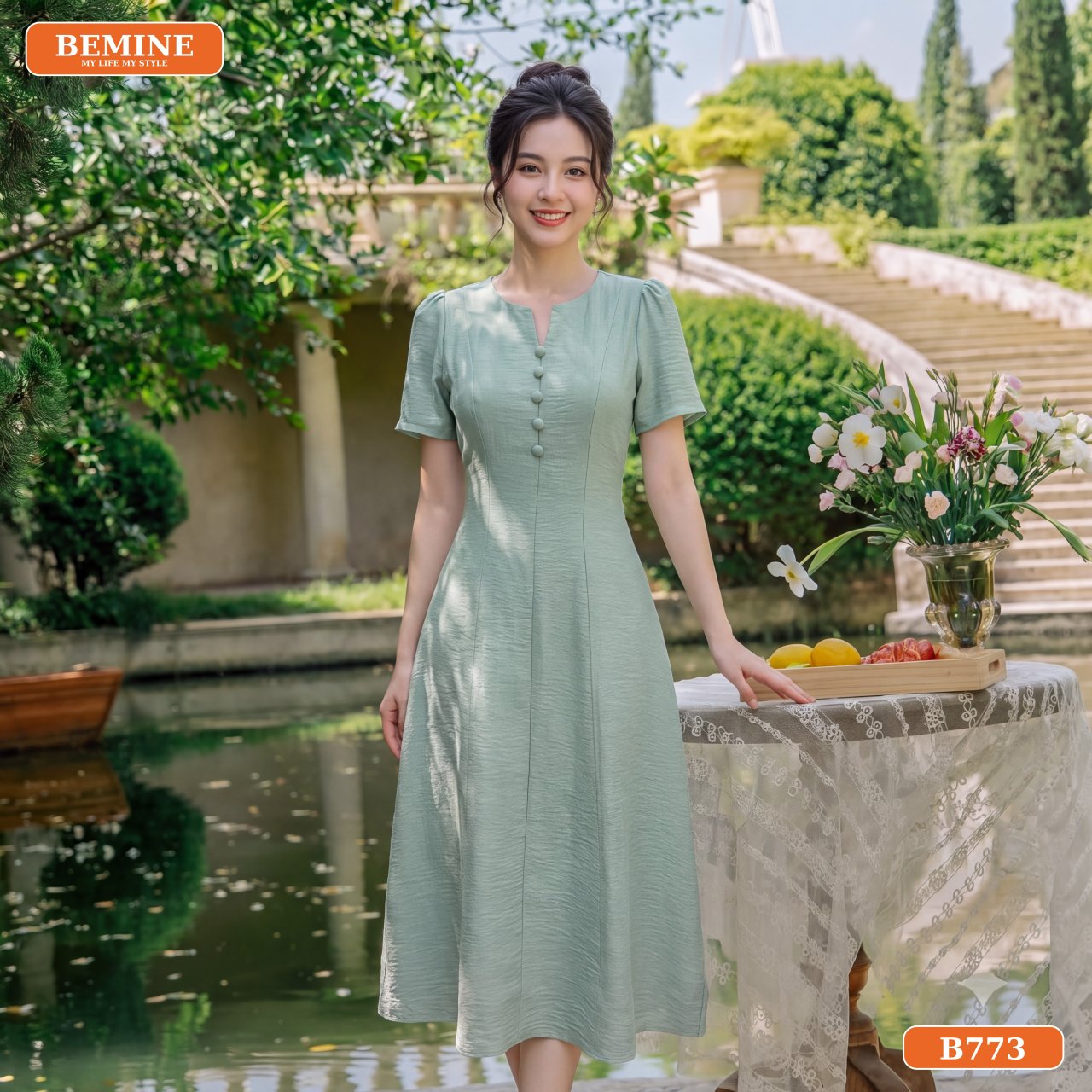 Chi tiết đầm thiết kế B773 BEMINE phom chữ A lịch sự