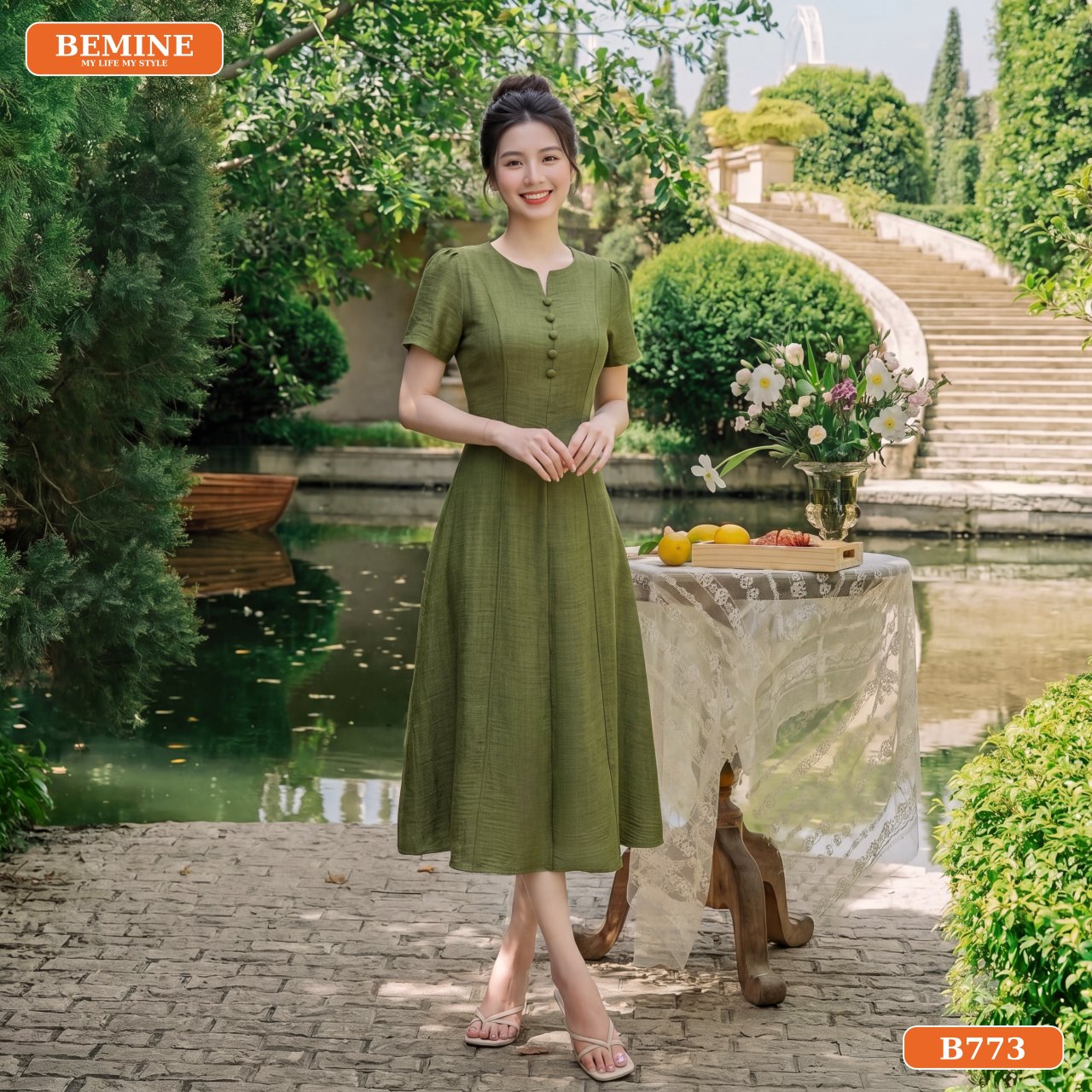 Chi tiết phom dáng tay ngắn mát mẻ đầm B773 BEMINE