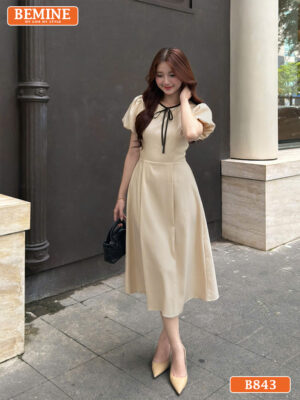 Đầm thiết kế BEMINE cổ tròn phối dây nơ tay phồng dáng dài B843 - đầm trung niên