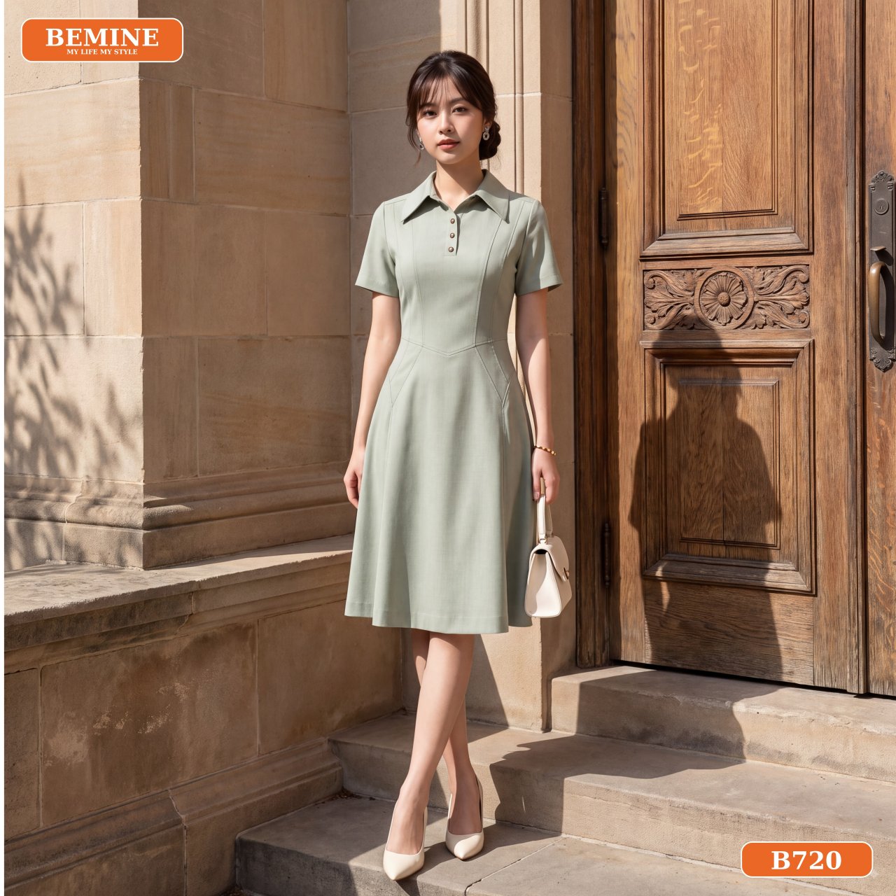 Gợi ý phối đồ với đầm thiết kế BEMINE cổ sơ mi B720