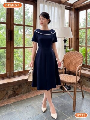Đầm thiết kế BEMINE cổ thuyền phối viền dáng chữ A phù hợp đi làm, đi chơi-B722 - đầm công sở