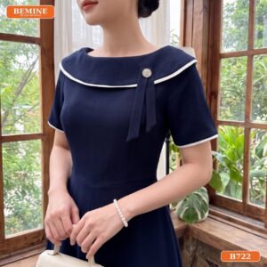 Đầm thiết kế BEMINE cổ thuyền phối viền dáng chữ A phù hợp đi làm, đi chơi-B722 - quà cho mẹ