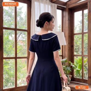 Đầm thiết kế BEMINE cổ thuyền phối viền dáng chữ A phù hợp đi làm, đi chơi-B722 - quà tặng mẹ