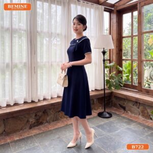 Đầm thiết kế BEMINE cổ thuyền phối viền dáng chữ A phù hợp đi làm, đi chơi-B722 - đầm trung niên